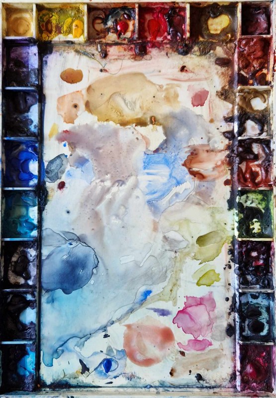 Photograph of watercolour mixing palette.